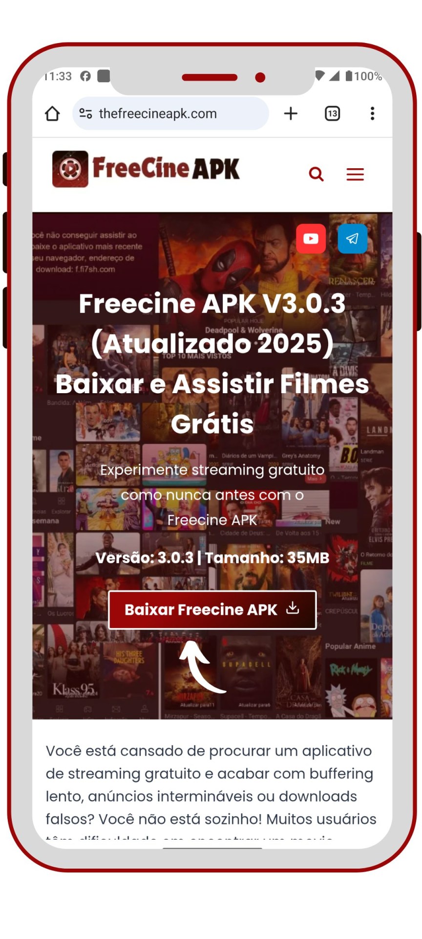 Freecine 10 Freecine APK - um site apk nesta imagem e uma seta no botão de download