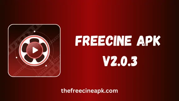 Freecine APK V2.0.3 - uma imagem de cor vermelha com um logotipo de aplicativo e o nome do aplicativo escrito nela