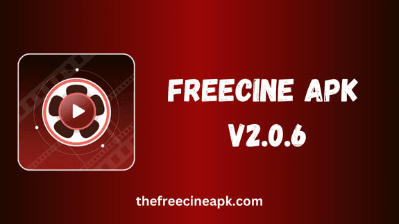 Freecine APK V2.0.6 - uma imagem de cor vermelha com um logotipo de aplicativo e o nome do aplicativo escrito nela