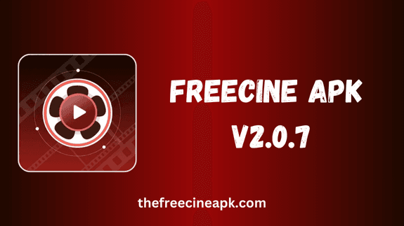 Freecine APK V2.0.7 - uma imagem de cor vermelha com um logotipo de aplicativo e o nome do aplicativo escrito nela
