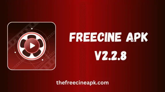 Freecine APK V2.2.8 - uma imagem de cor vermelha com um logotipo de aplicativo e o nome do aplicativo escrito nela