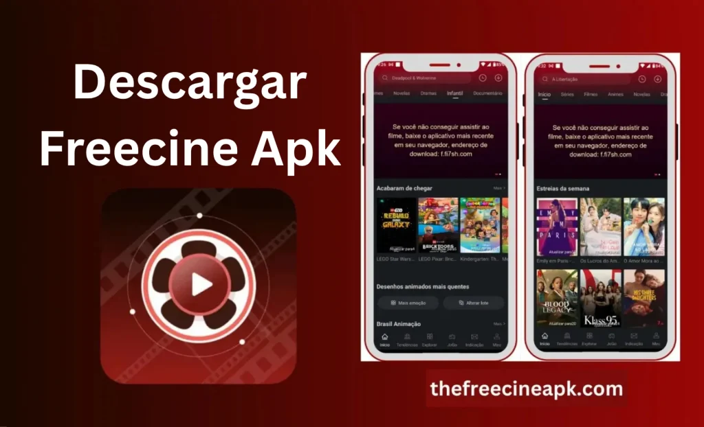 Freecine - una imagen con el logotipo de una aplicación e imágenes internas.