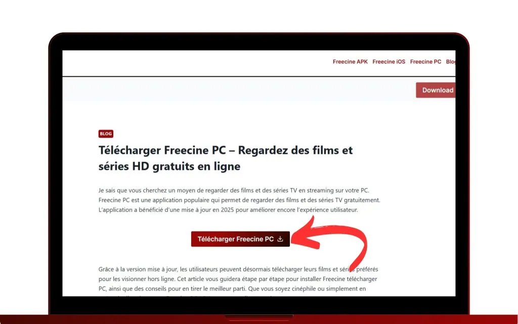 Telecharger Freecine PC Freecine PC - une image de site Web avec une flèche sur le bouton de téléchargement